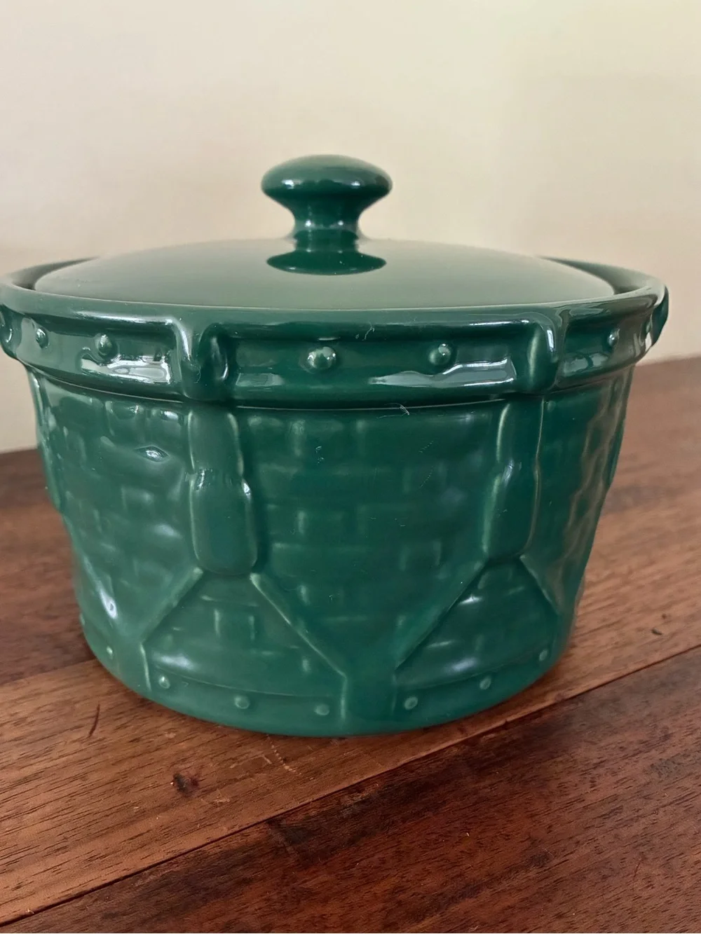 Longaberger Pottery Ivy Green Woven Drum Crock with Lid